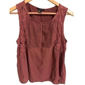 Forever 21 Womens Mauve Lace Pleated Bib Sleeveless Blouse Top Large Boho Rose